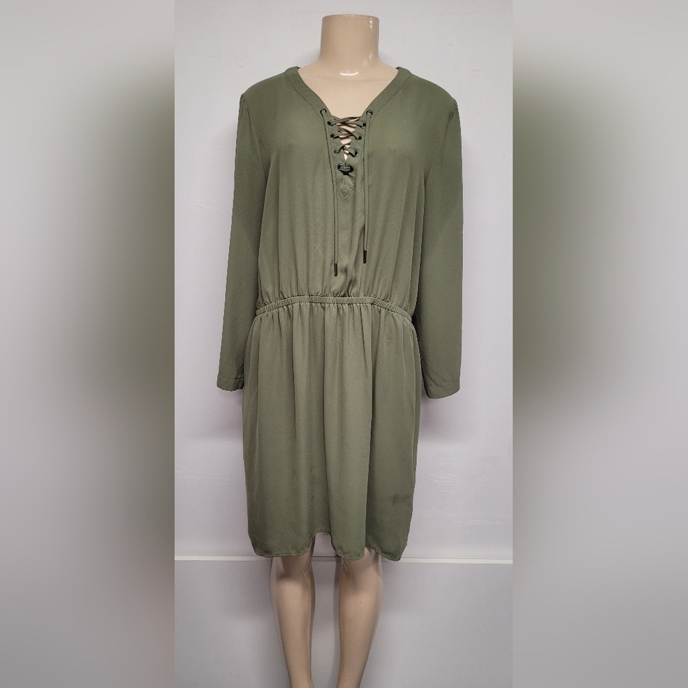 Mossimo XL Green Lightweight Flowy Dress Tie Front Long Sleeve Elastic Waist